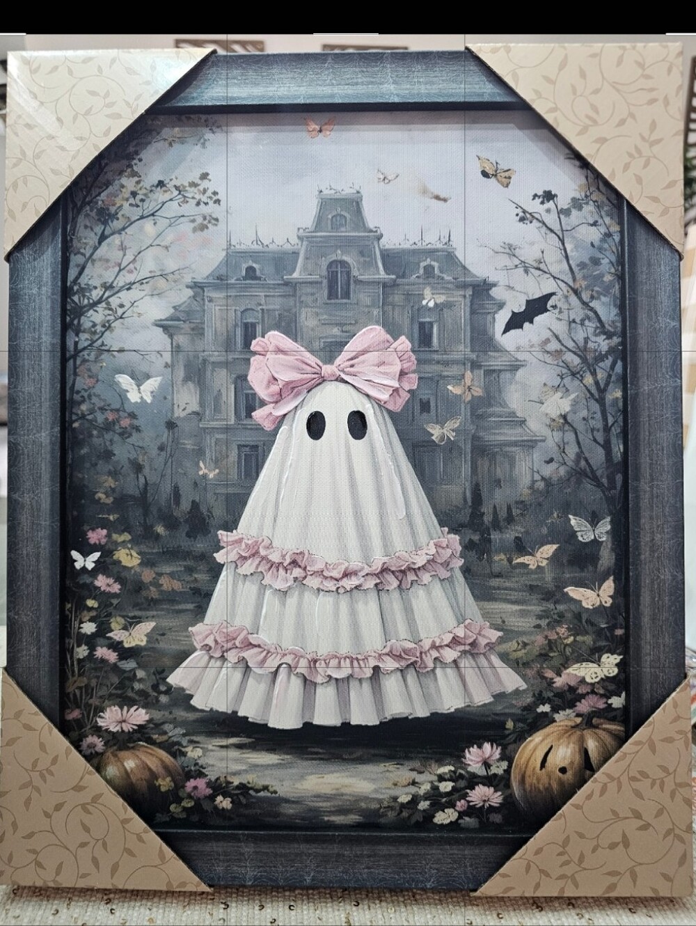 NWT! Floral Butterflies Pink Bow Ruffles Ghost Haunted House Framed Canvas Art